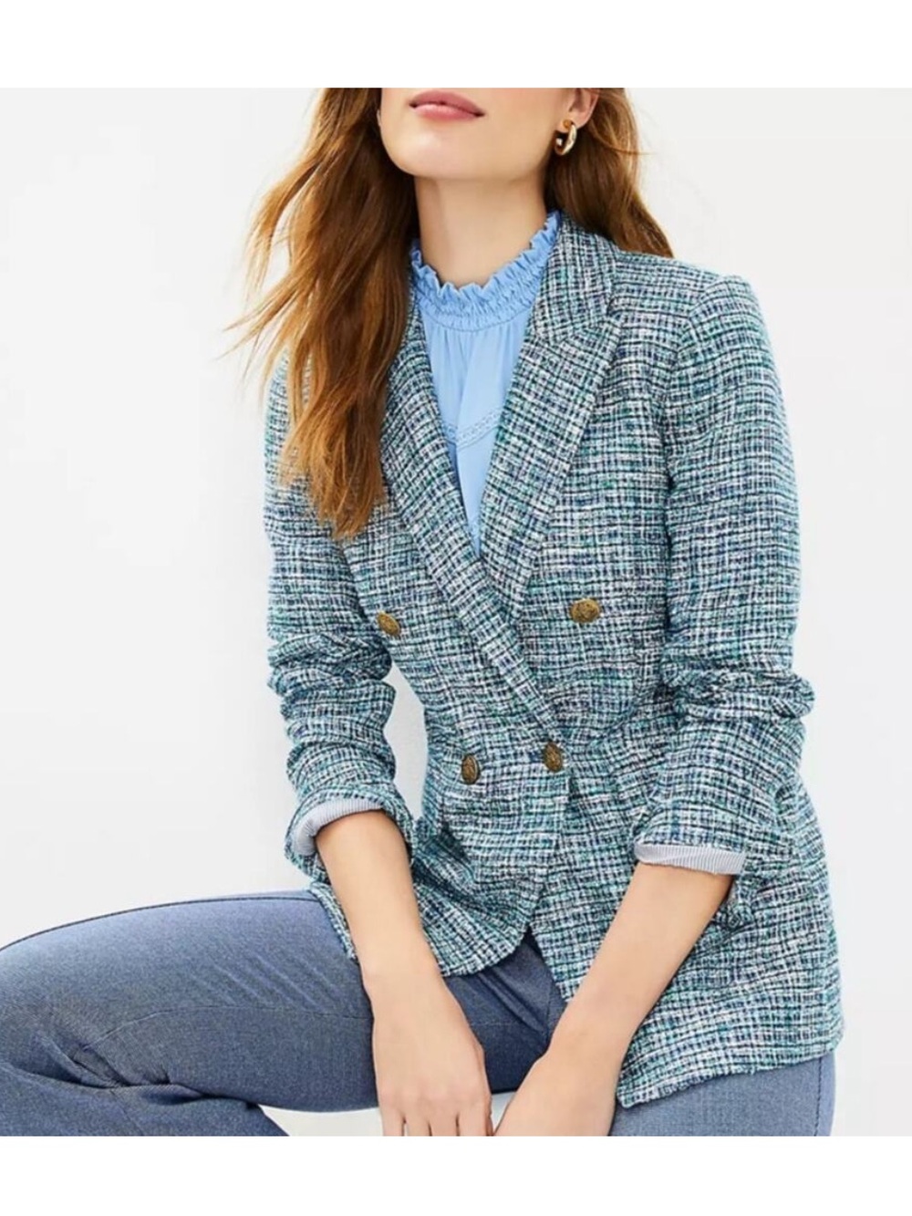 Loft Tweed Double Breasted Blazer Jacket Green blue 29735 academia preppy chic
